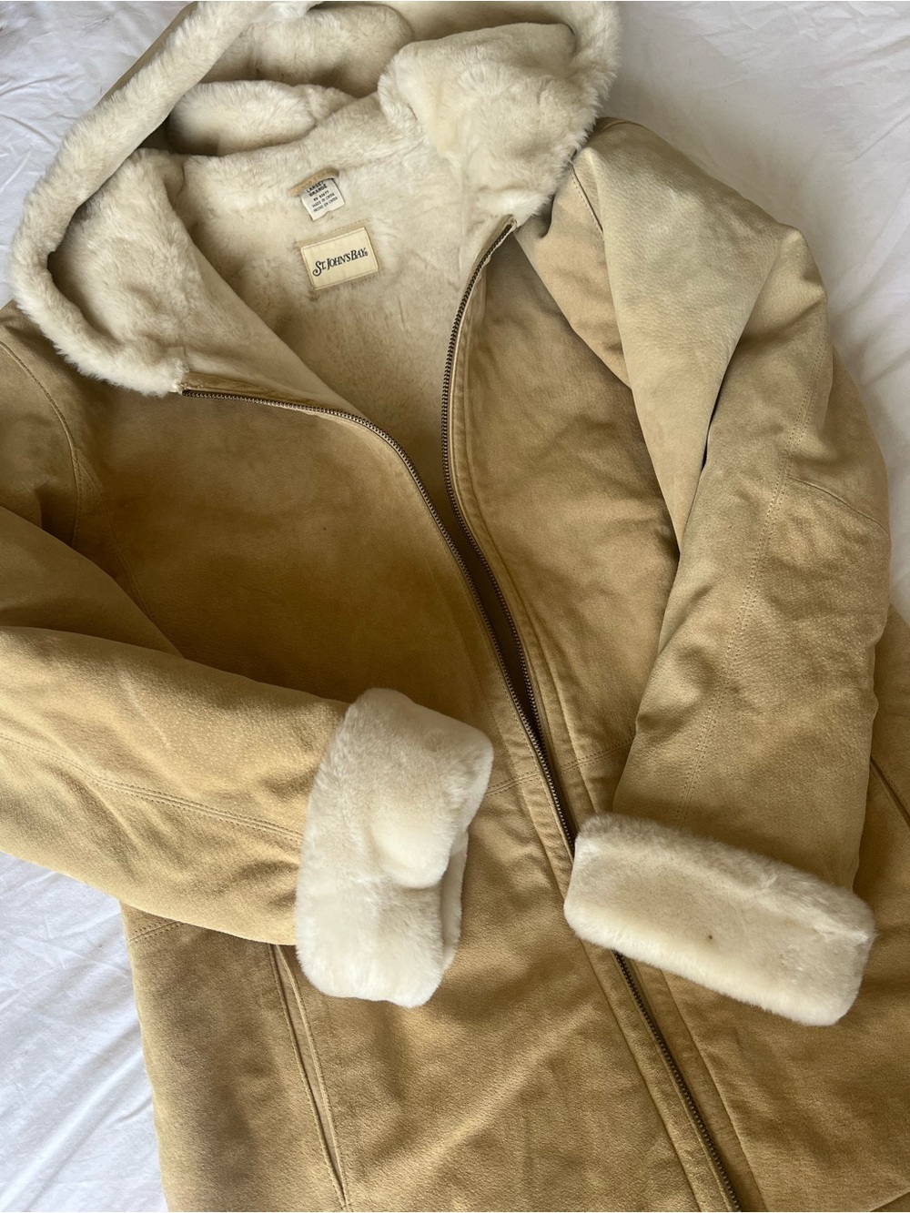 St. John's Bay Tan Trench Coat with Cream Faux Fur Trim